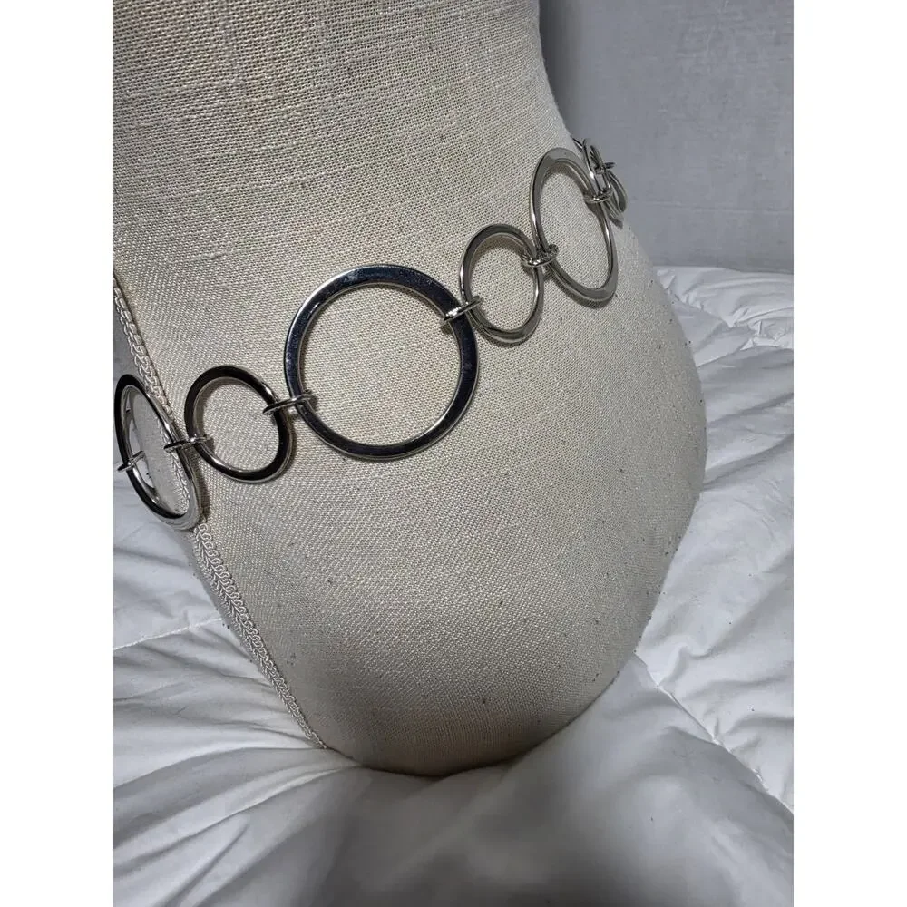 Silver Ring Chain Belt Adjustable Textured Circle Link Boho Retro Festive Y2K